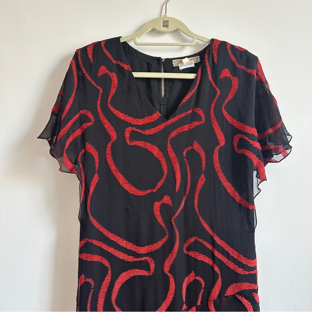1920s Henri Bendel Holly Harp Vintage Black and Red Silk Abstract Midi Dress
